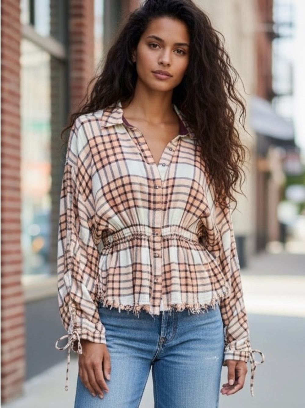 We The Free Plaid Raw Hem Cinched Waist Balloon Sleeve Flannel Top
